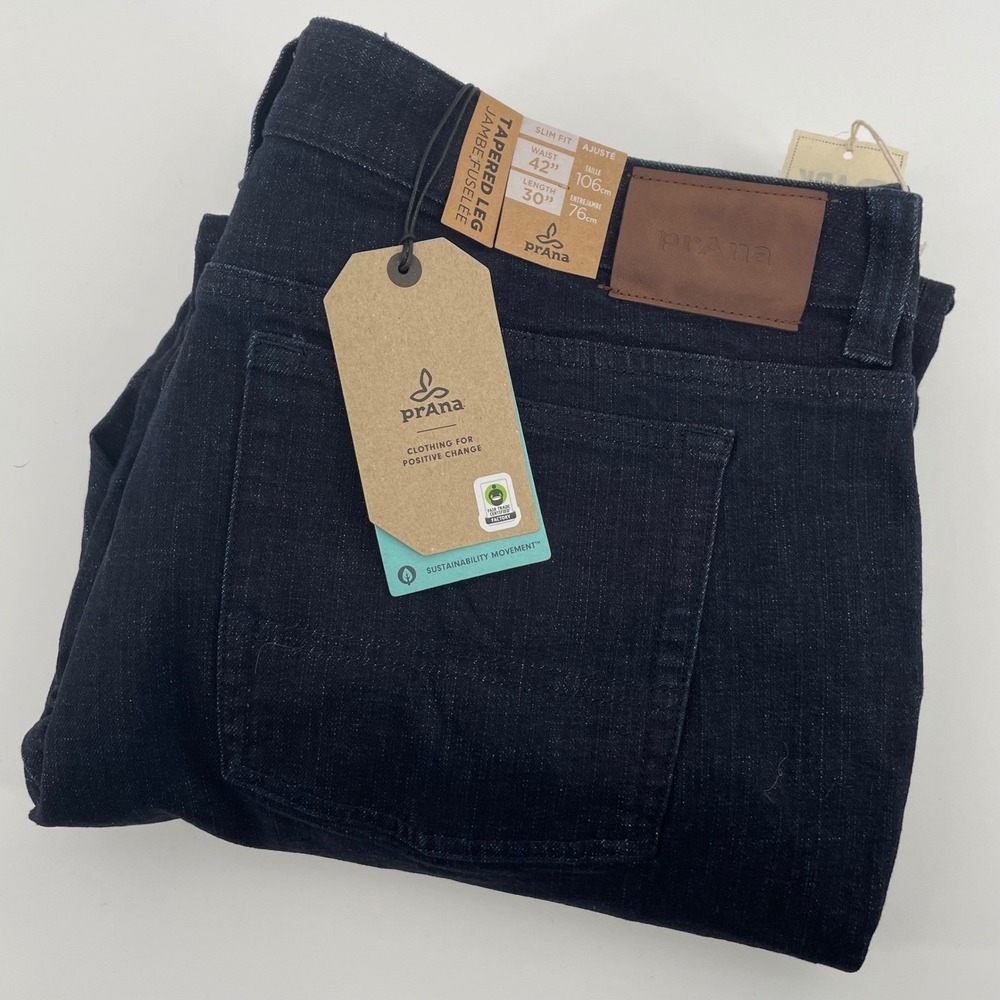 Prana Hillgard Slim Jean Mens 42x30 Rinse Wash Dark Indigo Tapered Leg Denim NEW